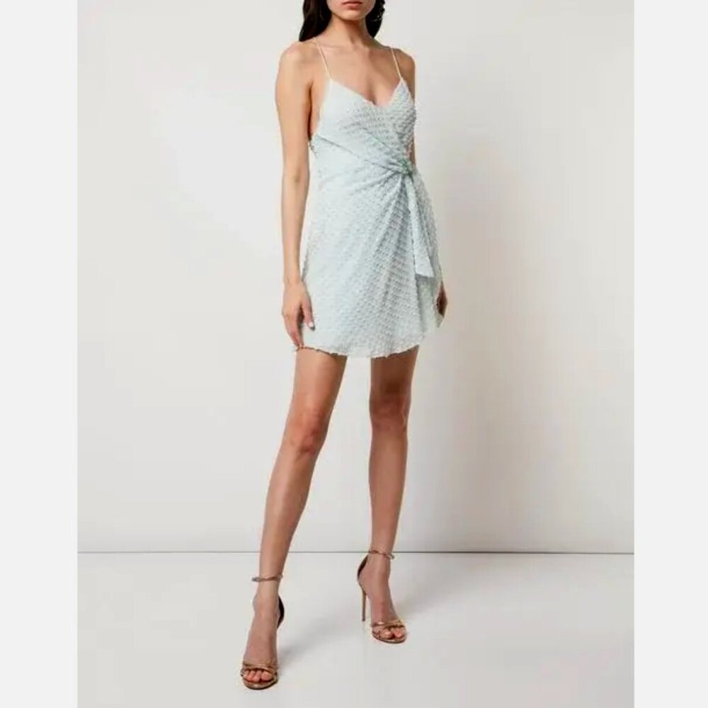 Alice + Olivia Katie Faux Wrap Clip Dot Silk Mini Dress in Mint Green, 4 *Flaw